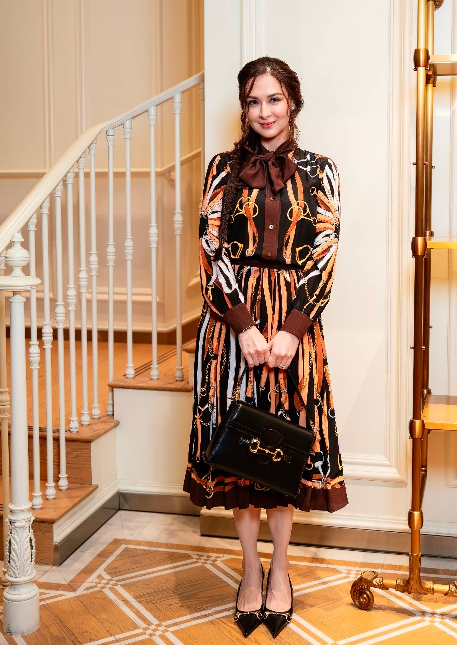 Marian Rivera wore Generation Gucci Look 29 printed silk chemisier dress with the Gucci Horsebit Duomo bag and Donna slingback pump.