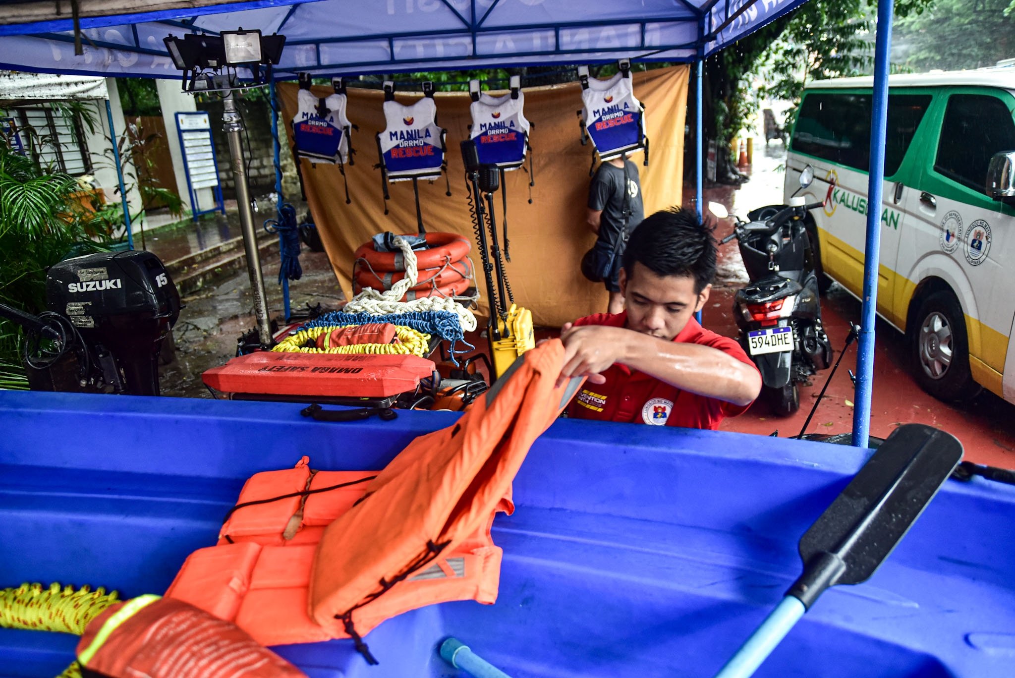 Search and rescue equipment is prepared by a responder on standby at the Manila City Disaster Risk Reduction and Management Office headquarters along Quirino Avenue in Manila on August 8. | Zedrich Xylak Madrid