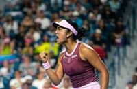 Alex Eala looks relieved after slipping past Caty McNally 6-3, 5-7, 6-4, on Saturday to advance to the Round of 16 of the Canadian Open in Toronto.