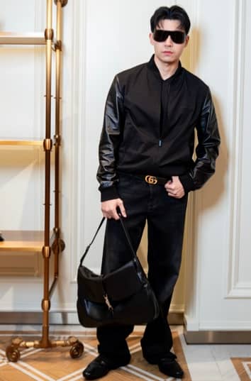 Brent Manalo opted for a Generation Gucci bomber jacket and denim pants, paired with a Gucci Jackie flap and leather moccasins.