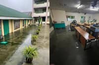 CLASSROOMS go under Low-lying classrooms at the Pre-Fabricated School Building of Dalayap Elementary School in Pampanga are submerged in floodwaters on Sunday, following continuous rains. Learning tables and apparatuses were drenched (right photo).