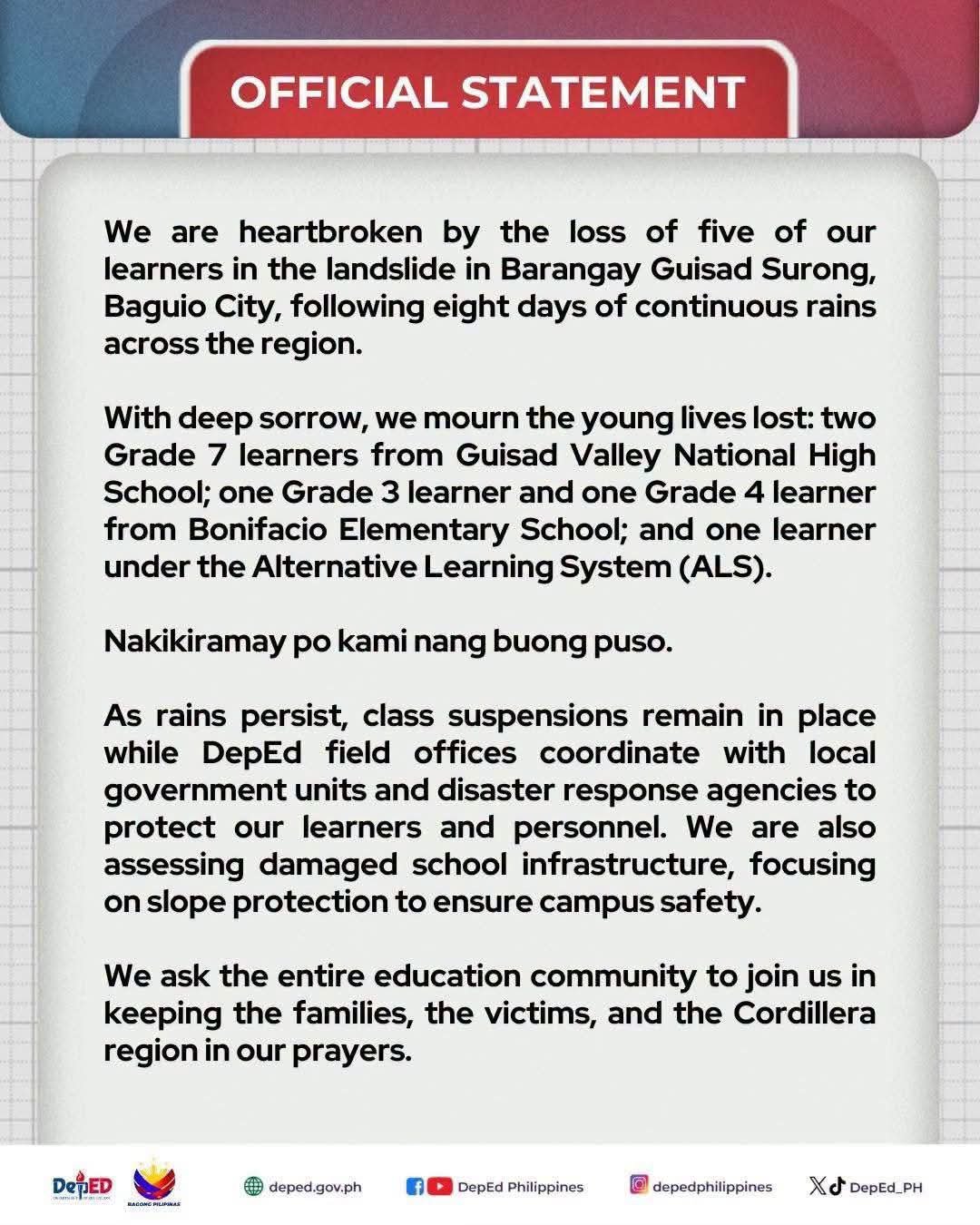 Five learners killed in Baguio landslide — DepEd