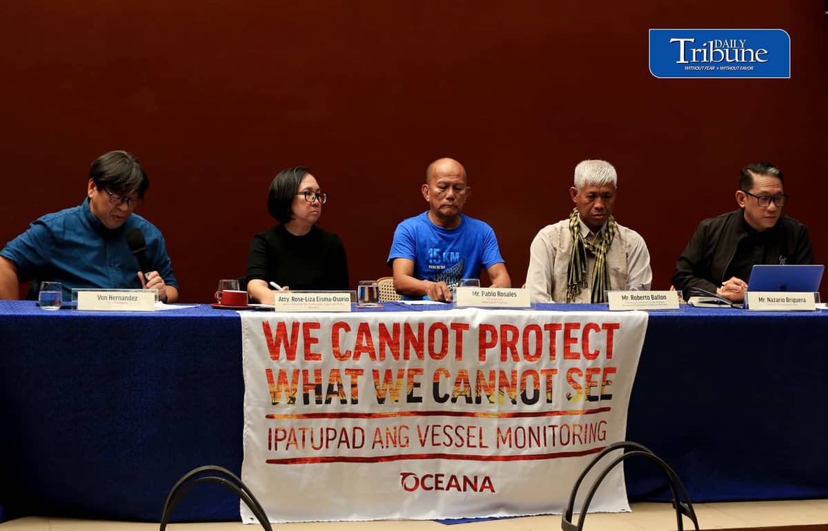 (August 11 2026) International marine conservation Oceana representatives with Small-scale fisherfolk, marine scientists, and fisheries experts, hold a press conference in Quezon City on Tuesday, August 11, 2026, calling for the immediate installation of vessel tracking devices on commercial fishing vessels. The groups raised concerns over the Supreme Court’s July 30 decision declaring unconstitutional Fisheries Administrative Order 266, which required commercial fishing vessels to use tracking devices and transmit real-time data to help prevent illegal, unreported, and unregulated fishing. They said Without vessel monitoring measures VMM commercial fishing vessels can ply undated and illegally catch fish inside the 15 kilometer municipal waters, the fishing ground of municipal fishers. Photo/Analy Labor