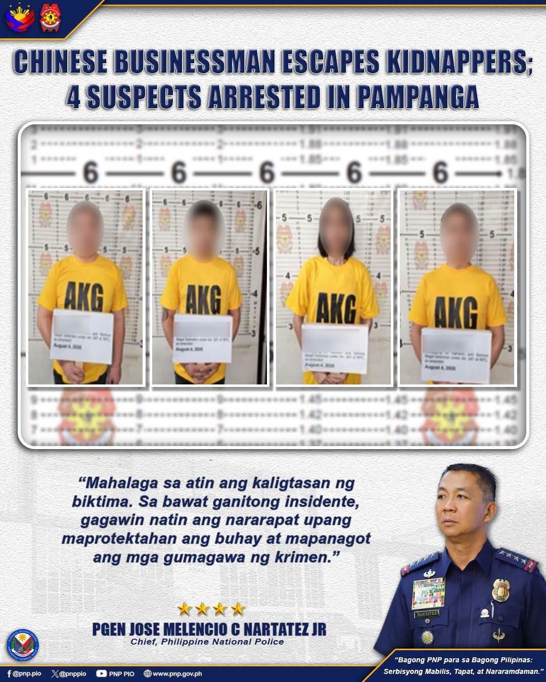 4 nabbed over kidnapping of Chinese businessman in Pampanga