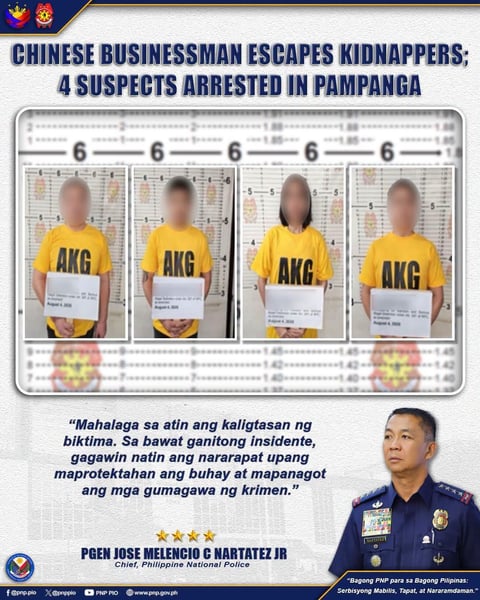 4 nabbed over kidnapping of Chinese businessman in Pampanga