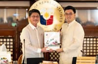 House Speaker Faustino "Bojie" Dy and Acting DBM Secretary Robert Kim De Leon during the ceremonial turnover of the proposed national budget for fiscal year 2027 at the House of Representatives on Tuesday, 11 August.