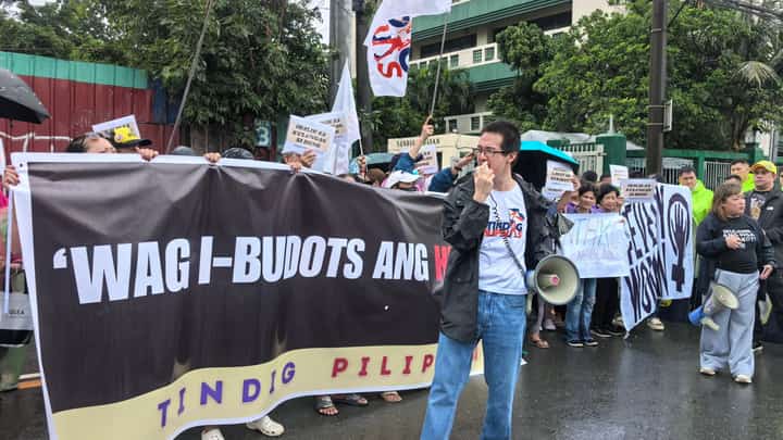 Members of Tindig Pilipinas staged a protest outside the Sandiganbayan Centennial Building in Quezon City on Wednesday, 12 August, in response to the anti-graft court granting former senator Ramon "Bong" Revilla's bail petition in connection to his case of malversation.