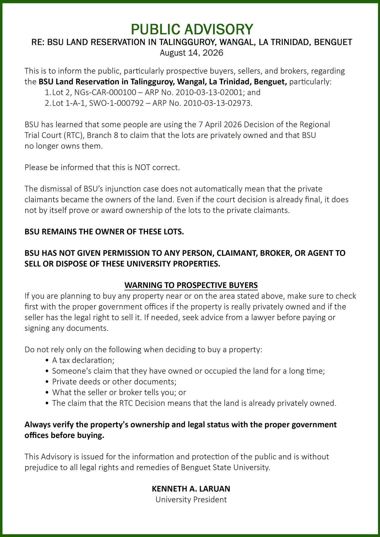 BSU warns public against illegal sale of university land