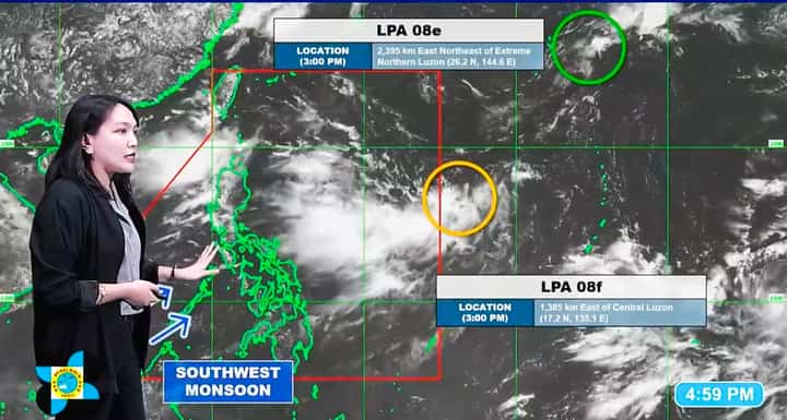 PAGASA Weather Specialist Grace Castañeda-Carpio reported two low-pressure areas (LPAs) being monitored during the 5 p.m. state weather update on Sunday, August 16. Meanwhile, either LPA 08F east of Central Luzon or the developing weather system west of Northern Luzon could potentially develop into a tropical cyclone in the succeeding days.