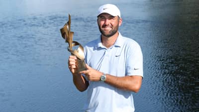SCOTTIE Scheffler celebrates after coasting to an eight-stroke victory to clinch his first PGA Tour title since January in the St. Jude Championship last Sunday.