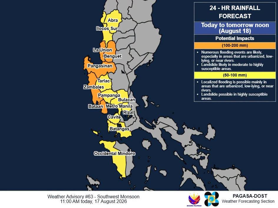 Western seaboard under orange, yellow rainfall warnings
