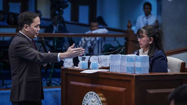 UNDER oath Former Office of the Vice President special disbursing officer Gina Acosta (right) answers questions during direct examination by the prosecution panel on the 16th day of the impeachment trial of Vice President Sara Duterte at the Senate in Pasay City last Monday.