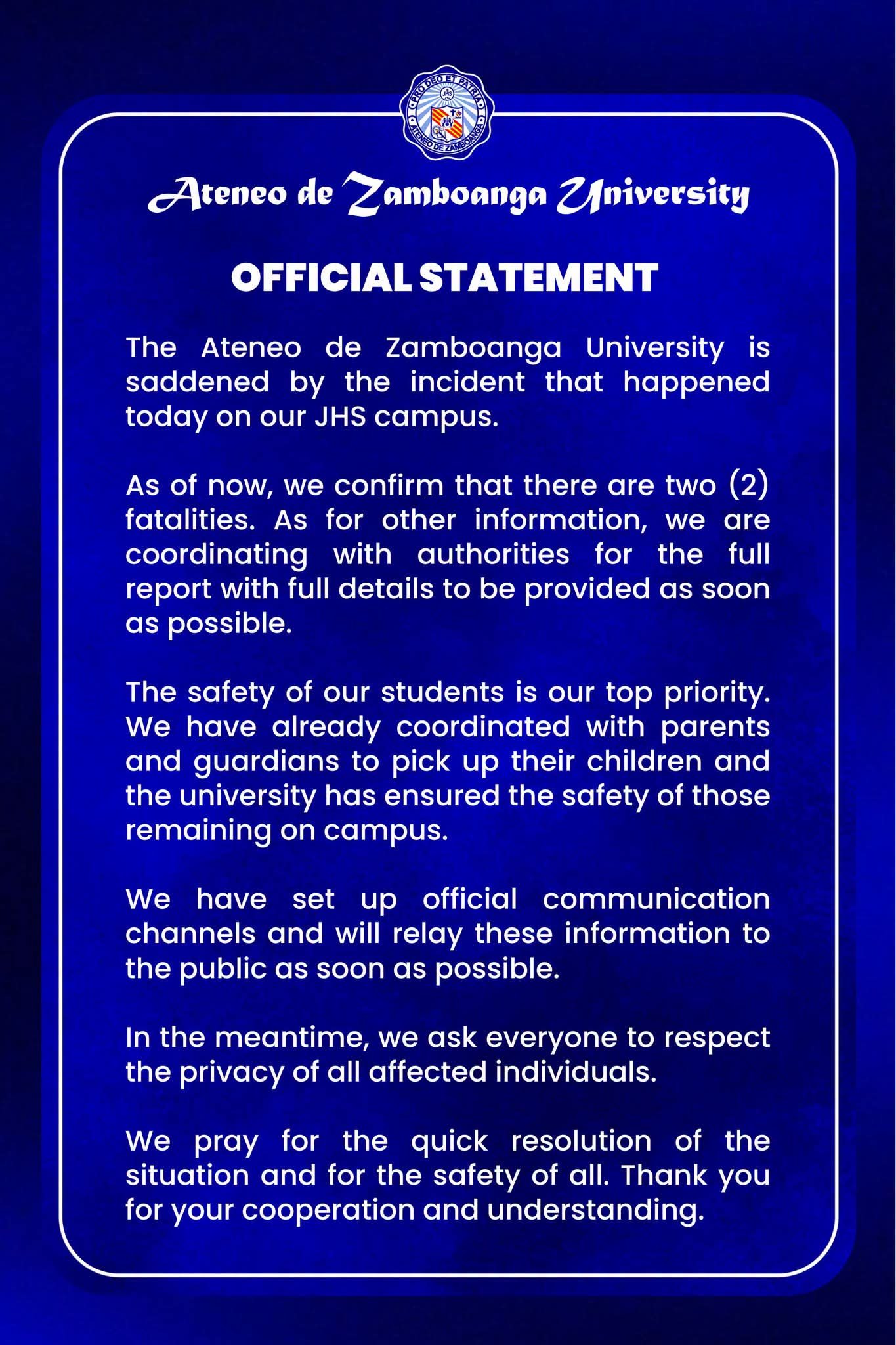 ADZU issues statement on shooting inside JHS campus