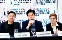 Malabon Chamber of Commerce and Industry Inc. (MCCII) President Benjamin Chua (center) speaks during the question-and-answer session at the launch of the 2026 CAMANAVA Business Conference at the Navotas Convention Center on Wednesday, 19 August. Beside him are PCCI Navotas President Paul Santos (left) and PCCI Valenzuela President Gemma Ong (right).