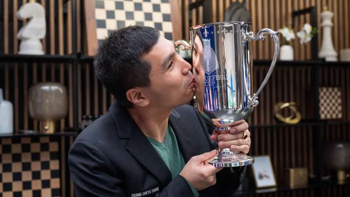 WESLEY So celebrates after beating Praggnanandha Rameshmabu in the Armageddon to retain the Sinquefield Cup crown in Saint Louis, Missouri.