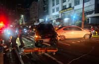FOUR people were injured after an AUV, sedan and motorcycle collided along Shaw Boulevard in Mandaluyong City late Friday. The impact sent the motorcycle flying and left the sedan crashing into a lamp post.