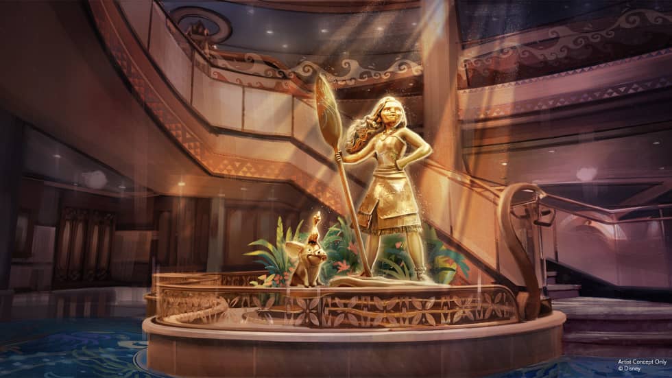 GRAND Hall centerpiece, a grand bronze-cast statue of Moana holding her oar.