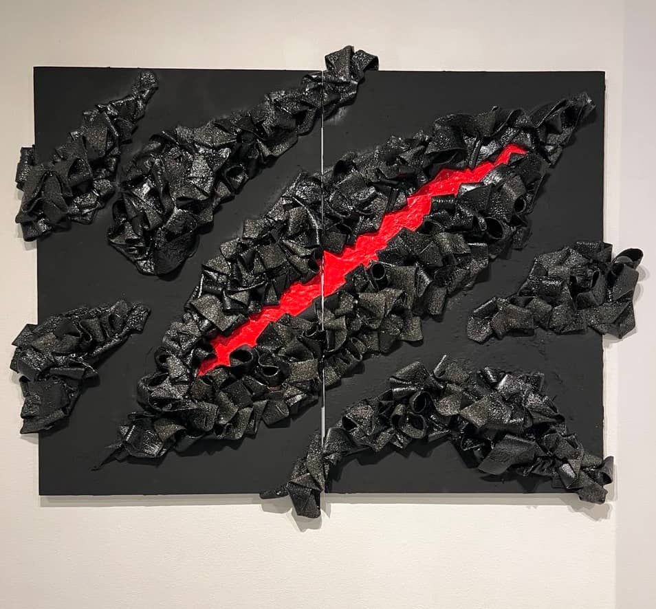 ‘Crimson Scar,’ waterproof membrane, adhesive, fire, paint, 36 x 48 inches, 2025.
