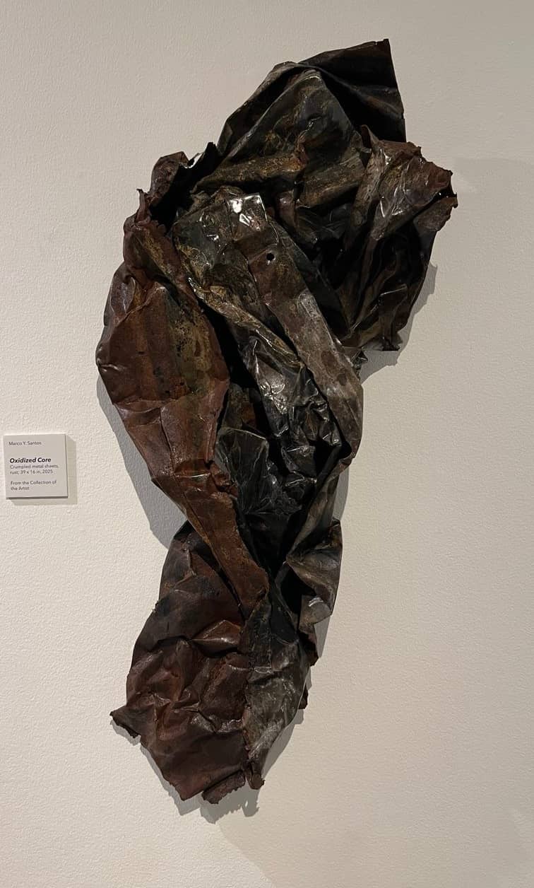 ‘Oxidized Core,’ crumpled metal sheets, rust, 9 x 16 inches, 2025.