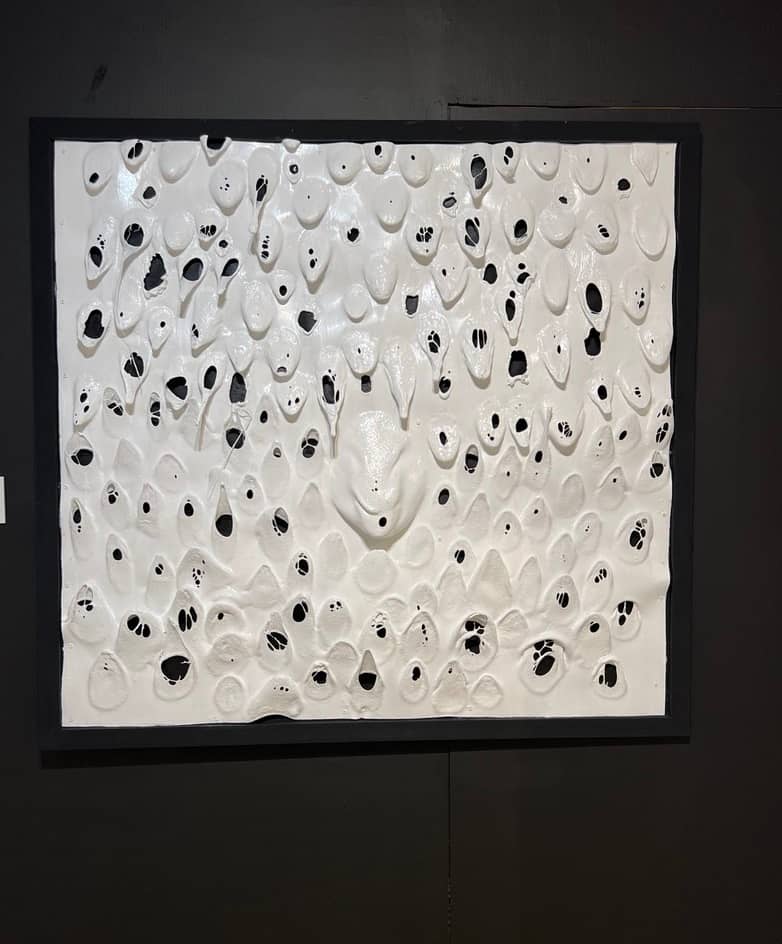 ‘Biomorphic Constellation,’ plexiglass, fire, paint, 51 x 48 inches, 2025.