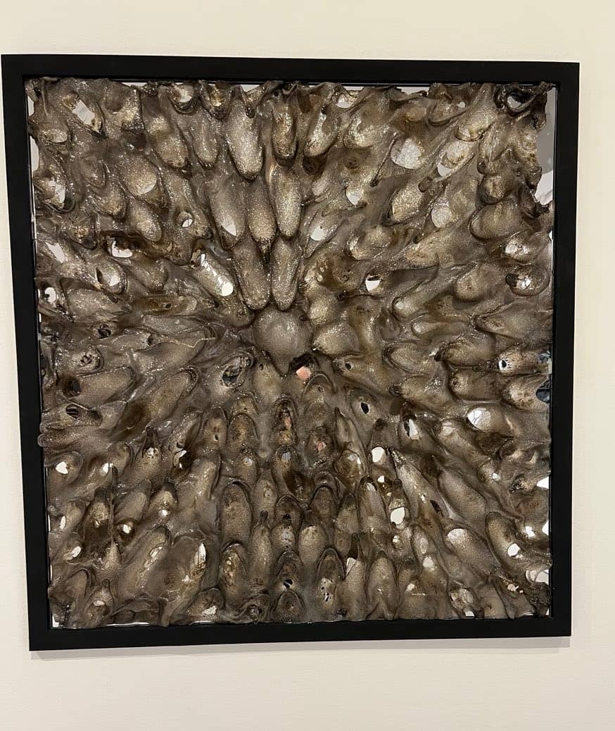 ‘Decadent Decay,’ plexiglass, fire, paint, 45.5 x 44 inches, 2025.