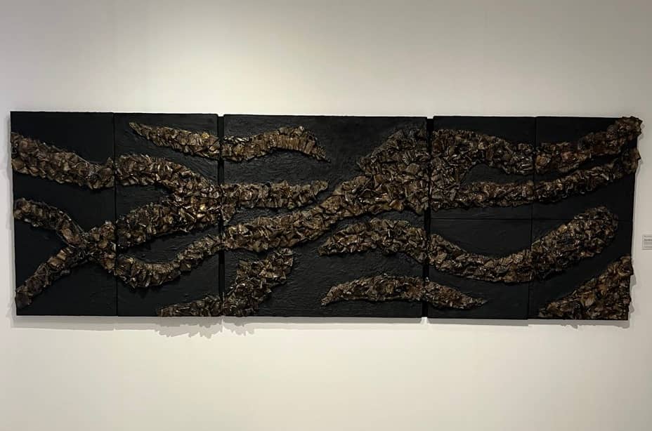 ‘Flow Motion 1-7,’ waterproof membrane, adhesive, fire, paint, 144 x 48 inches, 2025.