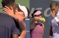 Elina Svitolina and Gael Monfils seal their win with a kiss after dominating Alex Eala and Auger Aliassime at U.S. Open mixed doubles event round of 16.