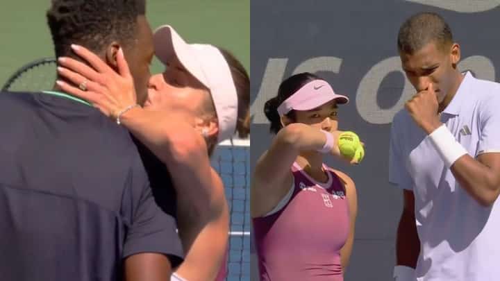 Elina Svitolina and Gael Monfils seal their win with a kiss after dominating Alex Eala and Auger Aliassime at U.S. Open mixed doubles event round of 16.