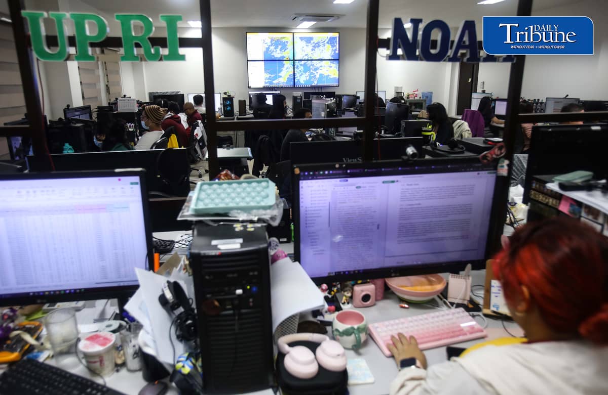 (August 25 2026) Geologist and executive director of Project NOAH (Nationwide Operational Assessment of Hazards) Mahar Francisco Amante Lagmay, with the group of researchers continues to monitor the effect of typhoon Obet at their office in UP DIliman, on Tuesday, August 25, 2026. The Department of Budget and Management (DBM) announced the release of P1 billion to strengthen Project Nationwide Operational Assessment of Hazards' (NOAH) artificial intelligence-powered flood forecasting capabilities. Lagmay said the budget will be used to boost the project's real-time hazard monitoring and disaster prevention capabilities such as upcoming “Bahar” Baha Augmented Reality a smartphone tool that uses augmented reality to display flood water levels on real street neighbours. Photo/Analy Labor