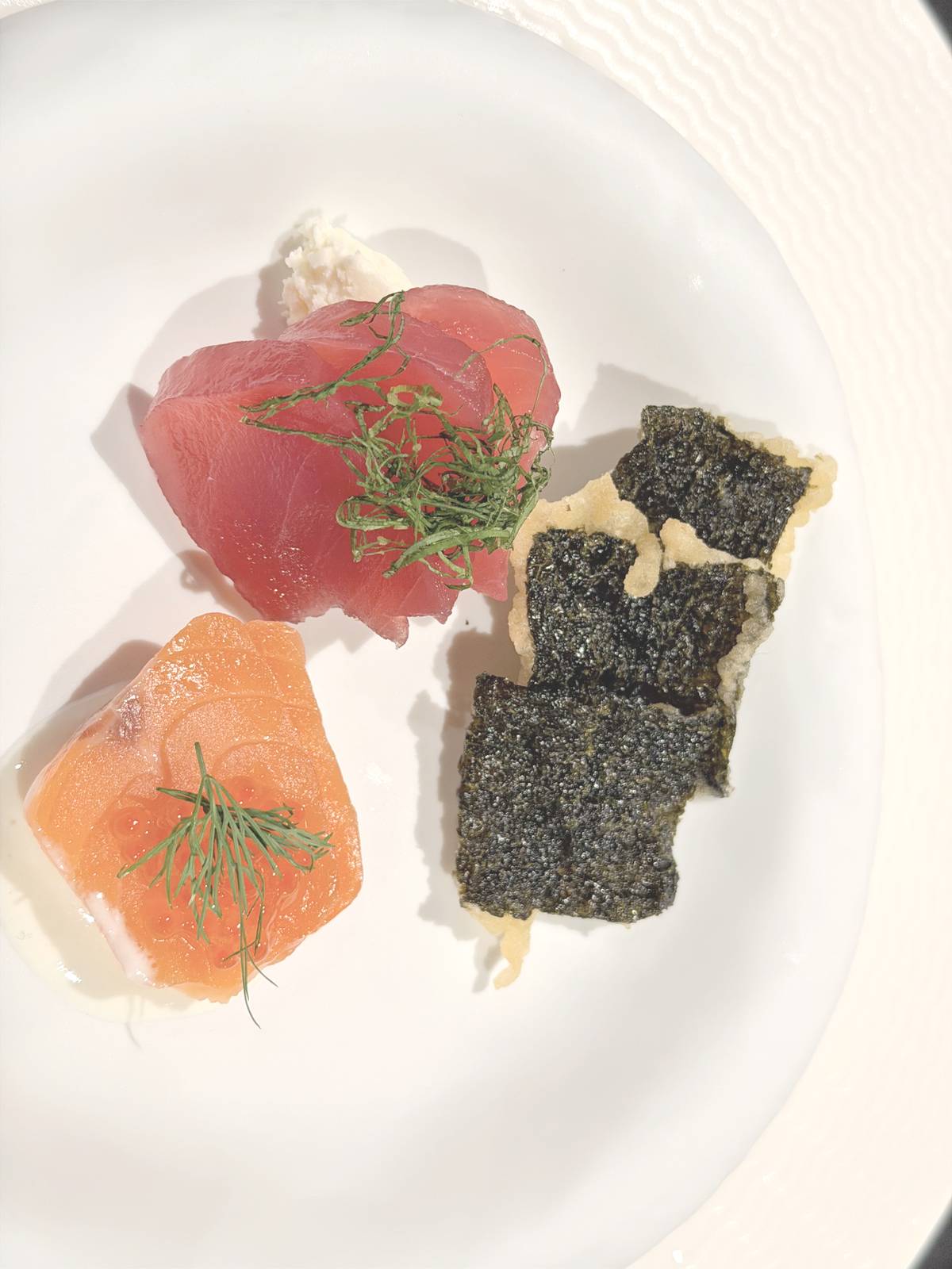 KOMBU-CURED Salmon, salt-cured tuna tartare with mascarpone cheese..