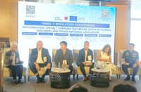 PANELISTS (from left) Atty. Josephine Uranza, Khalid Hassan, Augusto San Diego III, Atty. Alvin Curada, Presa Lea Lugo and Vice Admiral Ronmel Supangan discuss the challenges of enforcing the Maritime Labor Convention through the Magna Carta of Filipino Seafarers during the EU-SCOPE Forum at the Diamond Hotel in Manila on 26 August 2026.