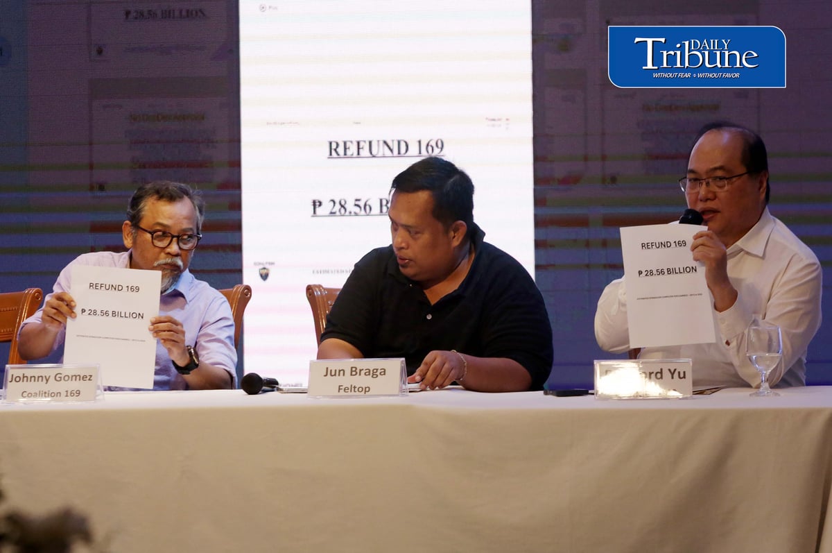 (August 27 2026) Convenors of Coalition 169 Johnny Gomez, Bernard Yu, along with Feltop representative Rustico Braga and motorcycle taxi groups call for the refund of P28.56 billion in computer fees collected from the public by the Land Transportation Office (LTO) through the Stradcom LTO IT system, the campaign has gained the support of several transport and civic organizations including FELTOP, MC taxi community, TNVS organizations, consumer groups and youth groups, during a press conference in Quezon City on Thursday August 27 2026. Photo/Analy Labor