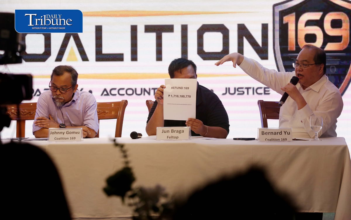 (August 27 2026) Convenors of Coalition 169 Johnny Gomez, Bernard Yu, along with Feltop representative Rustico Braga and motorcycle taxi groups call for the refund of P28.56 billion in computer fees collected from the public by the Land Transportation Office (LTO) through the Stradcom LTO IT system, the campaign has gained the support of several transport and civic organizations including FELTOP, MC taxi community, TNVS organizations, consumer groups and youth groups, during a press conference in Quezon City on Thursday August 27 2026. Photo/Analy Labor