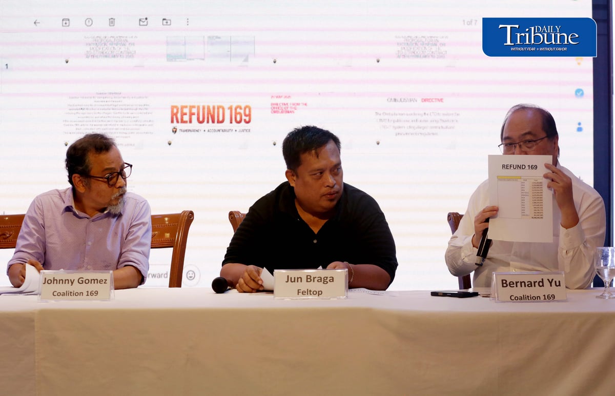 (August 27 2026) Convenors of Coalition 169 Johnny Gomez, Bernard Yu, along with Feltop representative Rustico Braga and motorcycle taxi groups call for the refund of P28.56 billion in computer fees collected from the public by the Land Transportation Office (LTO) through the Stradcom LTO IT system, the campaign has gained the support of several transport and civic organizations including FELTOP, MC taxi community, TNVS organizations, consumer groups and youth groups, during a press conference in Quezon City on Thursday August 27 2026. Photo/Analy Labor