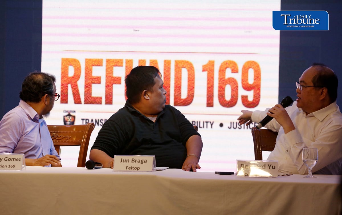 (August 27 2026) Convenors of Coalition 169 Johnny Gomez, Bernard Yu, along with Feltop representative Rustico Braga and motorcycle taxi groups call for the refund of P28.56 billion in computer fees collected from the public by the Land Transportation Office (LTO) through the Stradcom LTO IT system, the campaign has gained the support of several transport and civic organizations including FELTOP, MC taxi community, TNVS organizations, consumer groups and youth groups, during a press conference in Quezon City on Thursday August 27 2026. Photo/Analy Labor