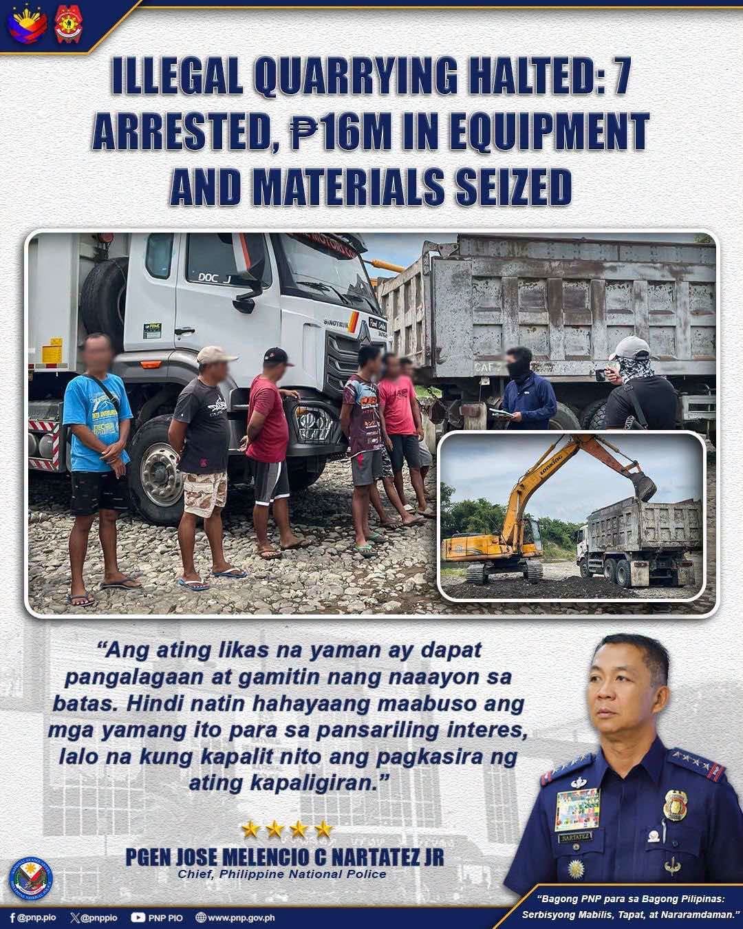 Seven arrested, P16M items seized at illegal quarrying operation in Negros Occidental