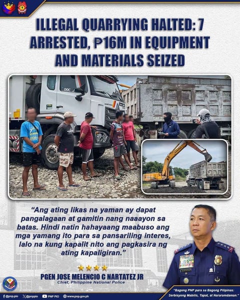 Seven arrested, P16M items seized at illegal quarrying operation in Negros Occidental