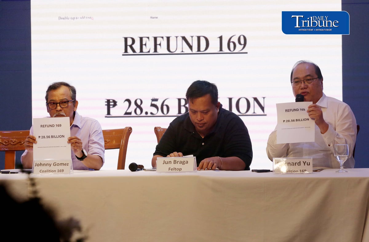 (August 27 2026) Convenors of Coalition 169 Johnny Gomez, Bernard Yu, along with Feltop representative Rustico Braga and motorcycle taxi groups call for the refund of P28.56 billion in computer fees collected from the public by the Land Transportation Office (LTO) through the Stradcom LTO IT system, the campaign has gained the support of several transport and civic organizations including FELTOP, MC taxi community, TNVS organizations, consumer groups and youth groups, during a press conference in Quezon City on Thursday August 27 2026. Photo/Analy Labor