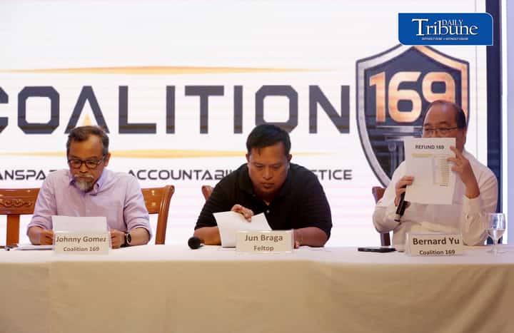 (August 27 2026) Convenors of Coalition 169 Johnny Gomez, Bernard Yu, along with Feltop representative Rustico Braga and motorcycle taxi groups call for the refund of P28.56 billion in computer fees collected from the public by the Land Transportation Office (LTO) through the Stradcom LTO IT system, the campaign has gained the support of several transport and civic organizations including FELTOP, MC taxi community, TNVS organizations, consumer groups and youth groups, during a press conference in Quezon City on Thursday August 27 2026. Photo/Analy Labor