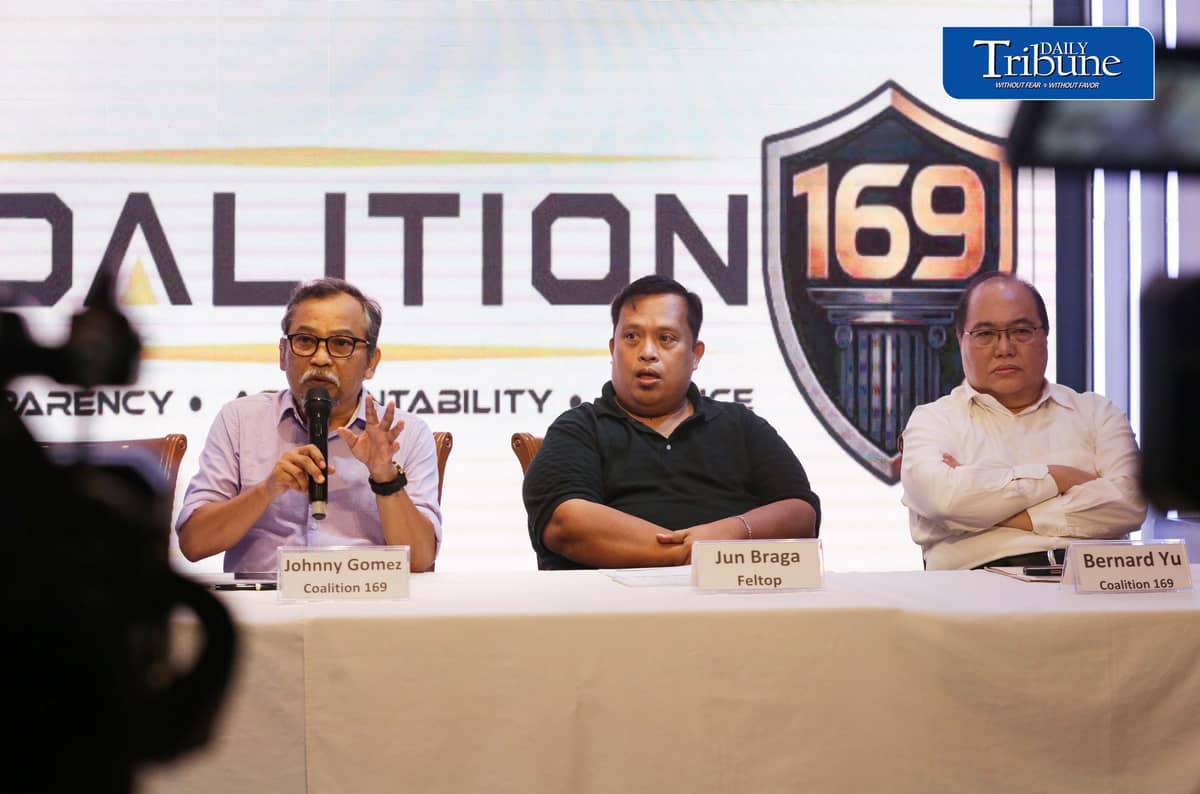 (August 27 2026) Convenors of Coalition 169 Johnny Gomez, Bernard Yu, along with Feltop representative Rustico Braga and motorcycle taxi groups call for the refund of P28.56 billion in computer fees collected from the public by the Land Transportation Office (LTO) through the Stradcom LTO IT system, the campaign has gained the support of several transport and civic organizations including FELTOP, MC taxi community, TNVS organizations, consumer groups and youth groups, during a press conference in Quezon City on Thursday August 27 2026. Photo/Analy Labor