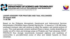 PHIVOLCS warns of lahar threat from Pinatubo, Taal rains
