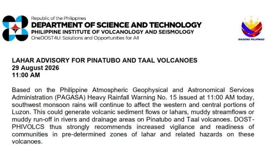 PHIVOLCS warns of lahar threat from Pinatubo, Taal rains