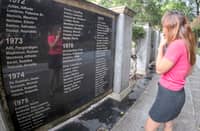 DESAPARECIDOS People walk past a marker honoring victims of martial law, including those who had disappeared, on Sunday, during the International Day of the Victims of Enforced Disappearances.