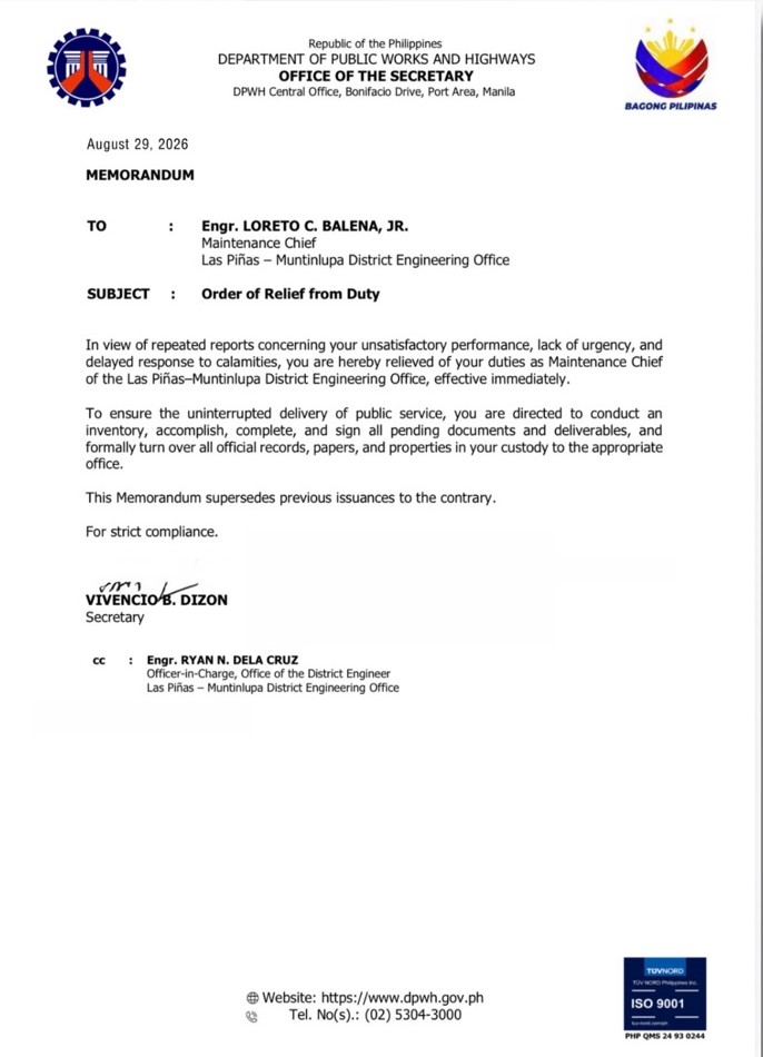 DPWH official relieved over alleged delayed calamity response