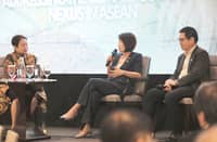 SINGAPORE Ambassador Constance See Sin Yuan (center) speaks during a climate security forum in Manila, with Vietnam Ambassador Lai Thai Binh (right) and another panelist, as ASEAN members discuss strengthening regional cooperation on climate resilience and disaster risks.
