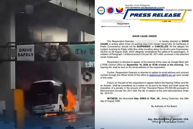 LTFRB summons bus firm amid SLEX vehicle fire