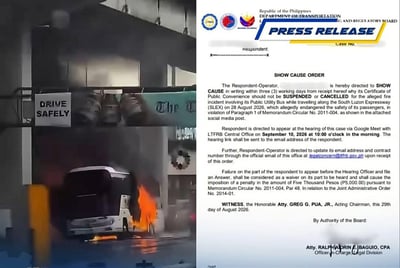 LTFRB summons bus operator after SLEX fire