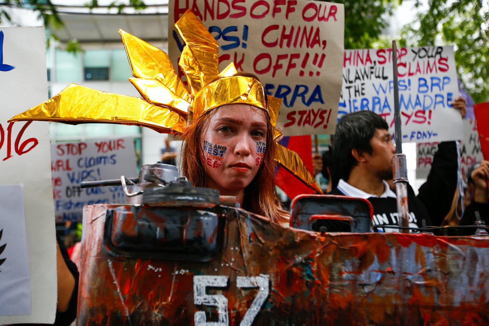 Activists gather outside the Chinese Embassy in Makati City on Monday, 31 August 2026, to protest China’s call for the Philippines to remove the BRP Sierra Madre from Ayungin Shoal. They also urged the Chinese Coast Guard to stop harassing Filipino fishermen and respect the 2016 arbitral ruling.