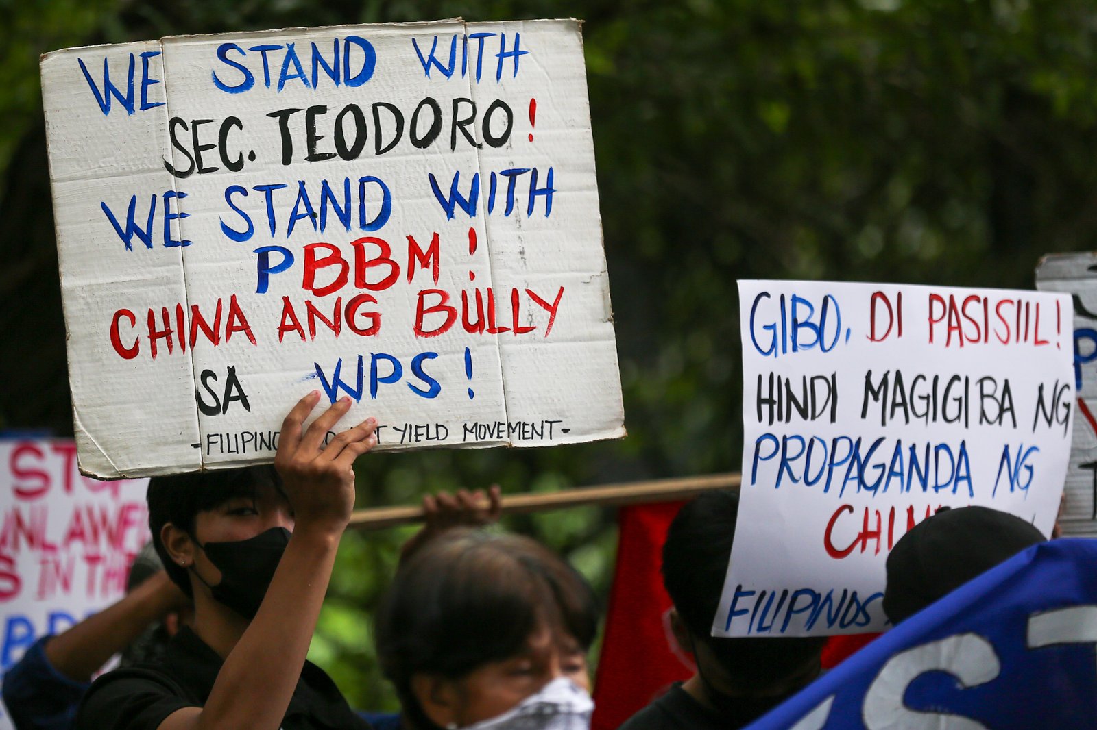 Activists gather outside the Chinese Embassy in Makati City on Monday, 31 August 2026, to protest China’s call for the Philippines to remove the BRP Sierra Madre from Ayungin Shoal. They also urged the Chinese Coast Guard to stop harassing Filipino fishermen and respect the 2016 arbitral ruling.