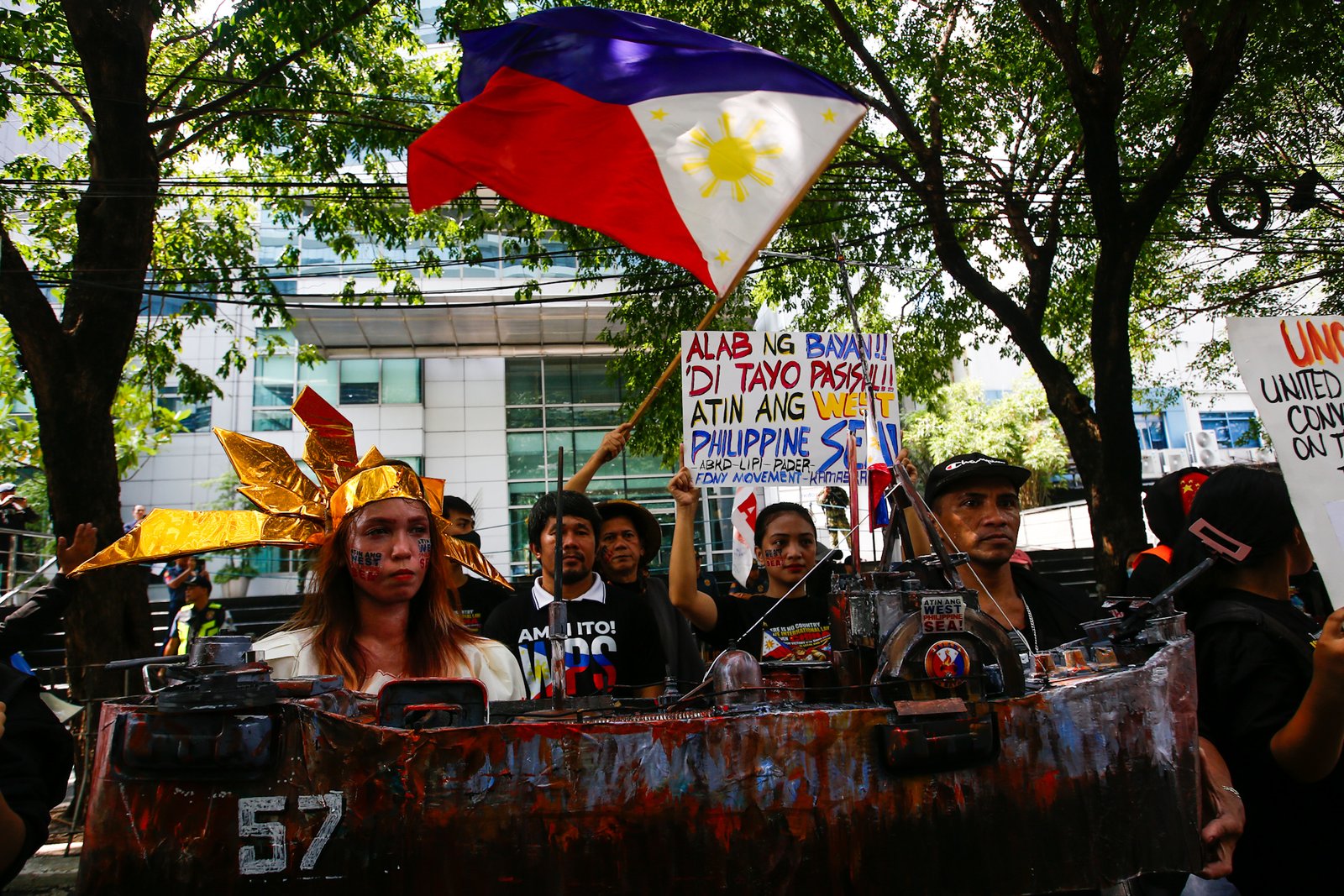 Activists gather outside the Chinese Embassy in Makati City on Monday, 31 August 2026, to protest China’s call for the Philippines to remove the BRP Sierra Madre from Ayungin Shoal. They also urged the Chinese Coast Guard to stop harassing Filipino fishermen and respect the 2016 arbitral ruling.